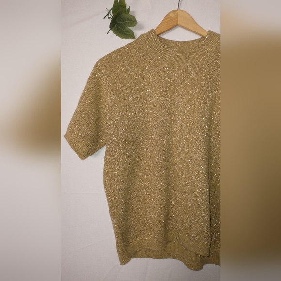 Vintage Retro Gold Short Sleeve Knit Glam Sparkle Sweater By Norton McNaughton L - Picture 4 of 6